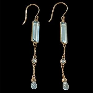 14K Yellow Gold Emerald/Briollete Blue Topaz Earrings By “Hirajule”